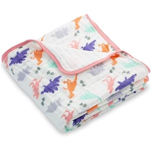 LollyBanks Muslin Baby Quilt 100% Cotton, 6 Layers Soft Baby Blankets for Girls, Large 47 x 47 Inches Versatile Crib Blanket, Cozy Muslin Comforter, Newborn Essentials, Registry (Dinosaur Print)