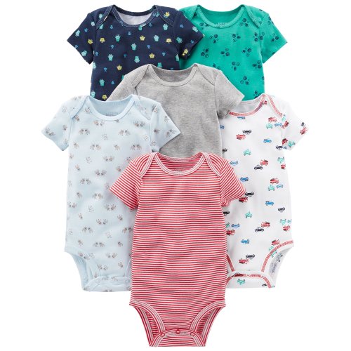 Simple Joys by Carter's Baby Boys' 6-Pack Short-Sleeve Bodysuit, White, Blue, Gray/Red, 0-3 Months