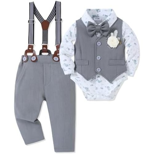 Baby Boy Clothes Suit Infant Gentleman Wedding Outfit Dress Shirt+Bowtie+Vest+Corsage+Suspender+Pants 6Pcs Set 0-24M