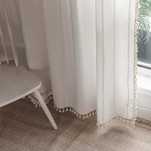 Boho Curtains Off White Linen Curtains 96 Inches Long 2 Pannels for Living Room Bedroom, Embroidery Country Farmhouse Curtains Light Filtering Curtains Rod Pocket Drapes 52" W x 96" L