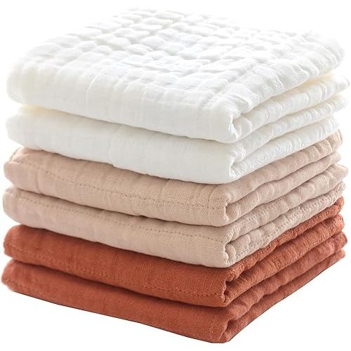 MUKIN Baby Washcloths, Soft Muslin Cotton Face Cloths, Newborn Absorbent Bath Wipes, Burp Cloths or Towels, Pack of 6, 12x12 inches (White,Cream Yellow,Brick Orange)