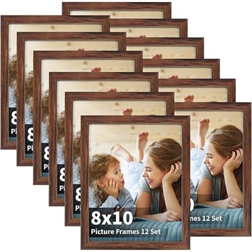 EYMPEU Rustic Brown Walnut Wood Frames: Set of 12, 8x10, Modern, Multi Display, Simple, Stylish; Wall Mount or Tabletop