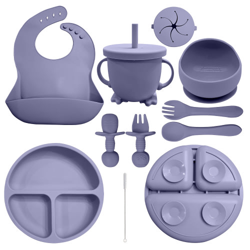 HippoBaby Baby Led Weaning Supplies | 10 Piece Silicone Feeding Set | Baby Toddler Bib Cup Divided Plate and Bowl Self Feeding Spoons Dish Set | Baby Utensils | Toddler Feeding Supplies (Purple)