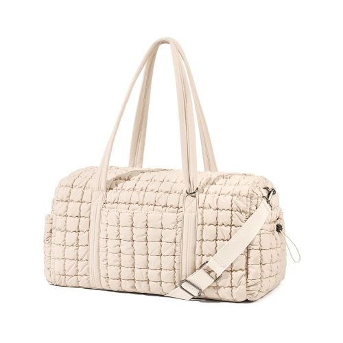 Quilted Travel Duffle Bag for Women Weekender Bag Large Puffer Overnight Bags Soft Puffy Duffel Bag Carry on Gym Bag Lightweight Personal Item Travel Bag for Trips Business Sport Airplane (Beige)