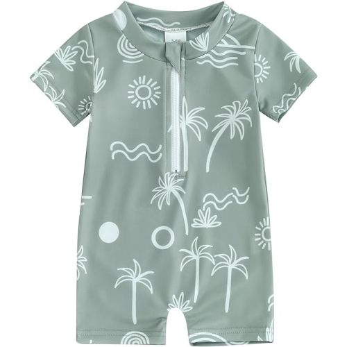 Infant Baby Boy Girl One Piece Swimsuit Rash Guard Shirt Bathing Suit Zip Up Swimwear - Army Green - 3-6 Months