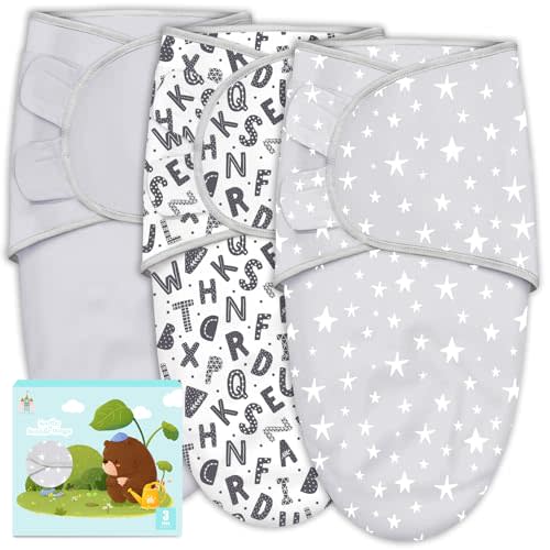 Cute Castle 3-Pack Baby Swaddle Sleep Sacks - Newborn Swaddle Sack - Ergonomic Baby Swaddles Blanket Warp for Boys and Girls - Baby Essentials (0-3 Months - Gray, Letters, Stars)