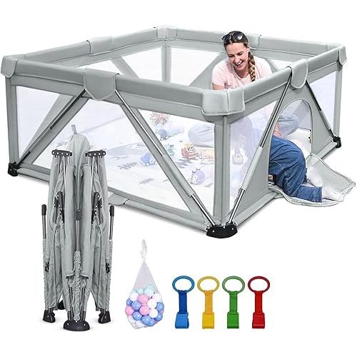 Baby Playpen Foldable, Heyo.Ja Large Play Yard, Playpen for Babies and Toddlers, Play Pens for Babies and Toddlers with Gate, Indoor & Outdoor Portable Play Pen (47x47in, Cold Grey)