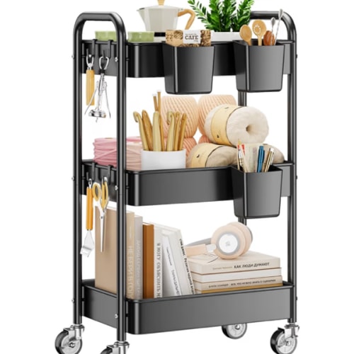 Amazon.com: YASONIC 3 Tier Rolling Cart - Metal Utility Cart with Wheels, Hanging Cups, Hooks, Heavy Duty Mesh Rolling Storage Cart Organizer, Craft Cart for Kitchen Office, Lightweight and Sturdy : Office Products