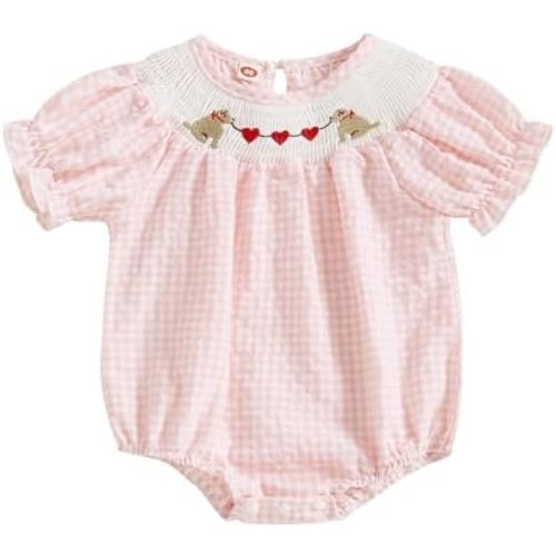 FIOMVA Toddler Baby Girl Clothes Summer Smocked Romper Bow Embroidery Bubble Onesie Short Sleeve Cute Bodysuit Outfits