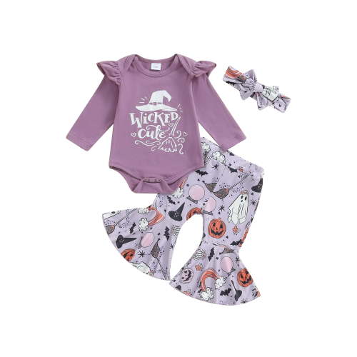 Newborn Baby Girl Halloween Outfits Long Sleeve Romper Tops Ghost Bell-Bottom Flare Pants Headband Infant Fall 3Pcs Clothes Set