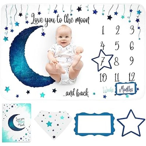Baby Monthly Milestone Blanket Boy - Extra Soft, Large (60"x40") Thick Fleece - Baby Growth Chart Blanket - Nursery Decor for Newborns - Includes Photo Album