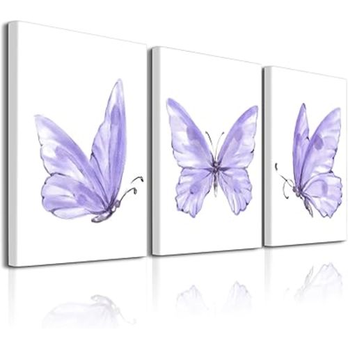 Butterfly Wall Art Prints Decor - Set of 3 purple room decor Poster with Framed Colorful Butterfly Wall Art Canvas Poster for Girls Bedroom Nursery Home Decor Gift (Purple)