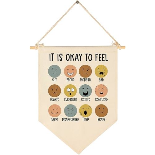 It is Okay to Feel-Mental Health-Canvas Hanging Pennant Flag Banner Wall Sign Decor Gift for Classroom Nursery Bedroom Playroom Game Room Front Door Baby Kids Girl Boy Girl-Birthday Christmas Gift