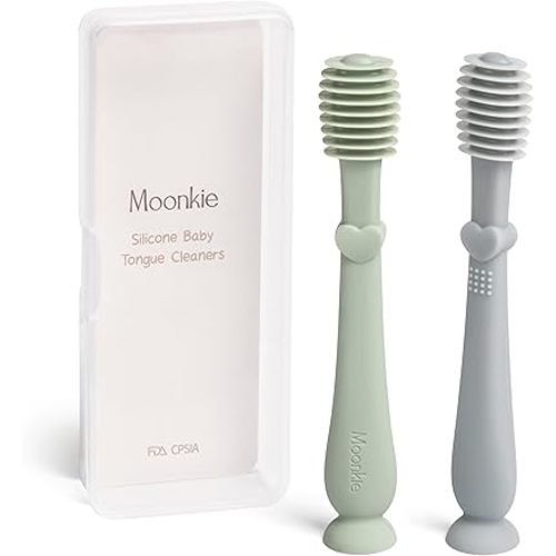 Moonkie Baby Tongue Cleaner, Toddler Toothbrush, Baby Oral Cleaner Newborn Kit for 3 Months+, 3 Pcs (Blue/Mint/Sand)