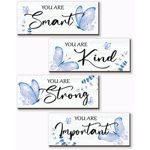DONFENTHY 4 Pcs Butterfly Wall Decor Blue Room Decor Wooden Positive Decor with Butterfly Inspirational Word Sign for Teen Girls Women Room Bathroom Bedroom Office Decor(Blue,10x4 Inch)