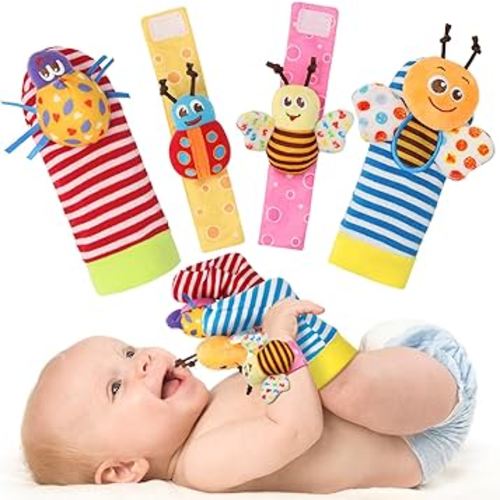 Bloobloomax Baby Rattles Toys for 0-12 Month, Infant Girl Boy Toys for Babies 3-6 Months, Newborn Hand & Foot Toys for 0 to 9 Months, Baby Shower Gifts Set with Wrist Rattle Socks (Pink-4PCS)