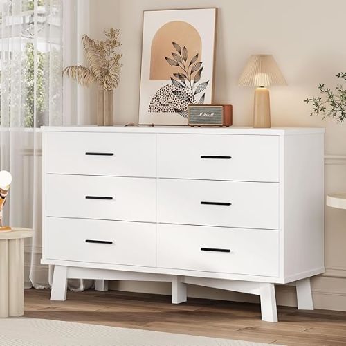 Dresser for Bedroom, 6 Drawer Wide Modern Chest of Drawers with X-Shaped Sturdy Base, Wood Double Dresser Closet Clothes Storage Organizer, Wooden TV Stand for Living Room, Hallway, White