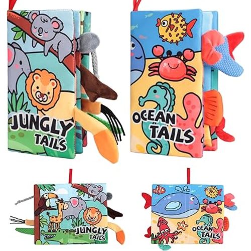 Baby Books 0-6 Months 2PCS Baby Toys 6-12 Month Tummy Time Sensory Toy Touch and Feel Cloth Crinkle Soft Books Learning Book Stroller Toys Infant Newborn Baby 0-3-6-9-12-18 Months Boy Girl Gift