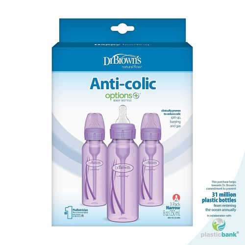 Dr. Brown's Natural Flow Anti-Colic Options+ Narrow Baby Bottle, 8 oz/250 ml, with Level 1 Slow Flow Nipple, Purple, 0m+, 3 Pack