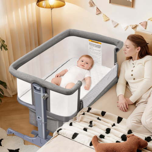 Spanspace Baby Bassinet 5-in-1 Bedside Sleeper with Mosquito Net, 6-Height Adjustable, Foldable Travel Crib, Breathable 3D Wool Mattress, Gray
