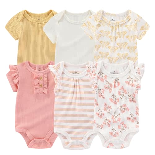 Ruliby Baby Bodysuit 6 Pack Soft Mixed Ribbed Short Sleeve Romper Infant Boy Girl Clothes Set