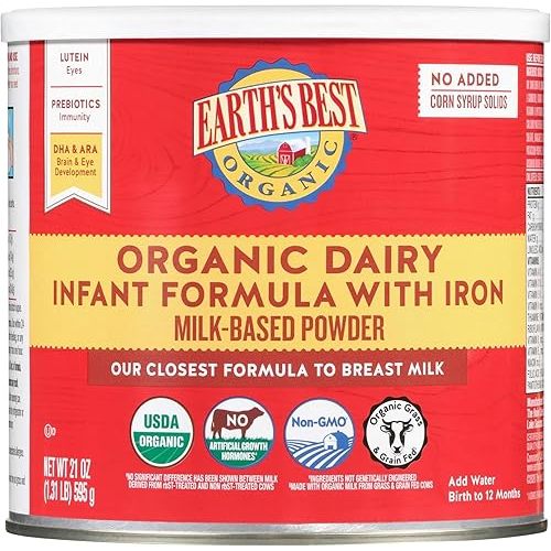 Earth's Best Organic Baby Formula for Babies 0-12 Months, Powdered Dairy Infant Formula with Iron, Omega-3 DHA, and Omega-6 ARA, 21 oz Formula Container