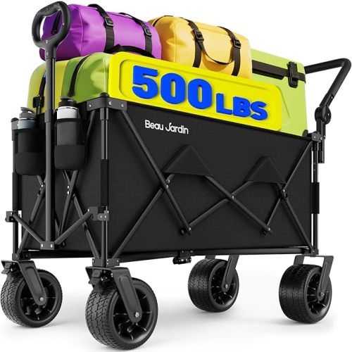 BEAU JARDIN Folding Push & Pull Beach Wagon 500 lbs Collapsible Foldable Wagons with Push Handle All Terrain Wheels Grocery Utility Camping Skiing Ice Fishing Sports Garden Wagon Cart Christmas Black