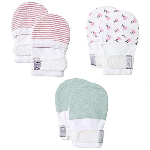 HAPIU Baby No Scratch Mittens Stay On, 100% Cotton Breathable, Adjustable Infant Gloves for Boys Girls, Newborn - 12 M