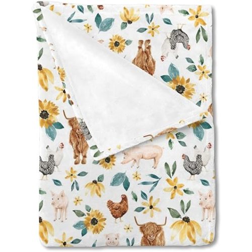 HawSkgFub Baby Toddler Girls Highland Cow Sunflower Pig Chicken Blanket Gift, Nursery Farm Animals Floral Flannel Fleece Swaddling Blankets, Flower Soft Newborn Baby Shower Kids Crib Bedding 40 x 50