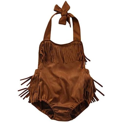 Infant Baby Girl Fringe Faux Suede Romper - Western Style Halter Sunsuit, Adjustable Straps