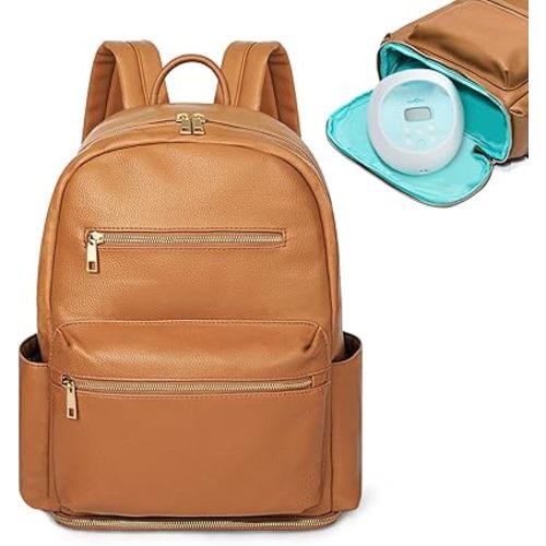 MOMINSIDE Small Diaper Bag Backpack, 13 Pockets Leather Mini Baby Bag Backpack, Breast Pump Bag, 13 Inch Laptop Sleeve, 2 Insulated Pockets, Bottom Compartment, Brown