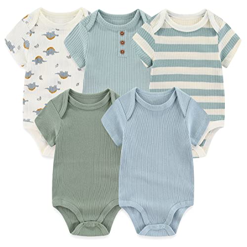 MAMIMAKA Newborn Baby Short Sleeve Bodysuit Cotton One-Piece Baby Clothes 5-Pack, 0-12 Months