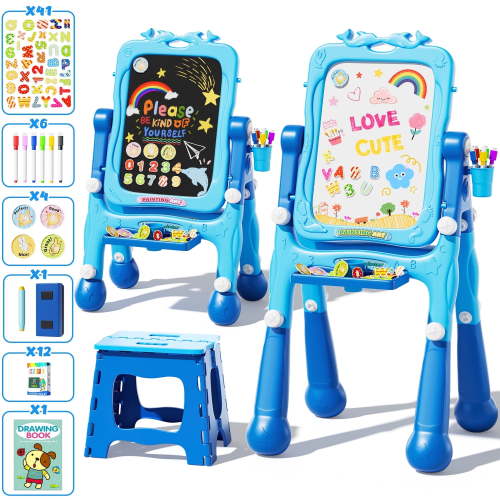 WonderStone 4-in-1 Kids Art Easel with Chair, Double-Sided Rotatable Large Magnetic Chalkboard with Painting Accessories, Toddler Activity Table for Toddlers, Blue