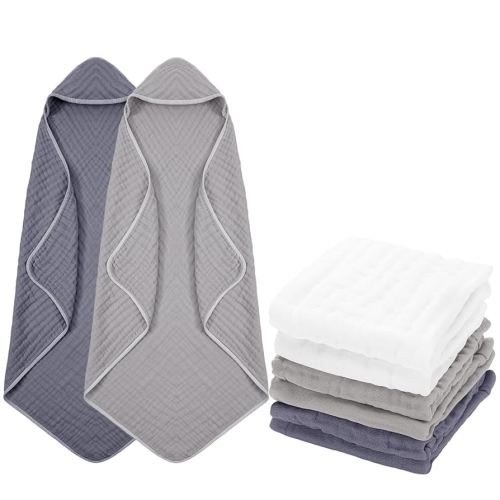 8 Pack Baby Bath Towels and Wash Cloth Set Muslin Hooded Soft 100% Cotton Baby Hooded Bath Towel Absorbent Towels Cloths for Babies, Infant, Toddler and Kids Newborn(Gray Series)