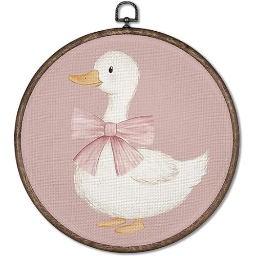 GWFSJYU Coquette Pink Duck Framed Wall Art, Duck Nursery Decor, Cute Ducks Round Canvas Prints Wall Art, Vintage Pink Bow Ducks Wall Hanging Decor for Bathroom Nursery Girls Room, 10x10inch