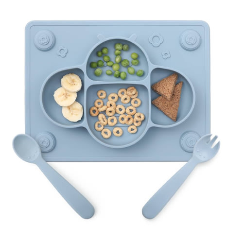 ROCCED Suction Plates for Baby placemat Spoon Fork Set for Toddlers, Silicone Baby Plates with Suction Baby Dishes for Kids Plates-Dusty blue