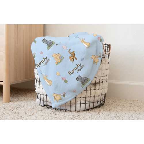 Classic Winnie The Pooh Personalized Baby Name Blanket,Classic Pooh Nursery,Custom Baby Swaddle Headband Set, Blue Blanket Baby Shower Gift