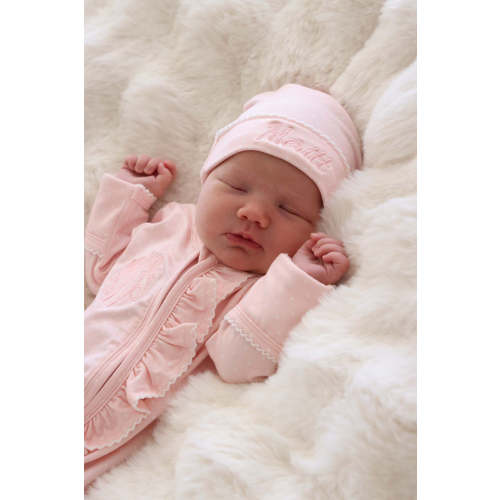 Picot Trim Bamboo Zipper Footie in Baby Pink | Caden Lane
