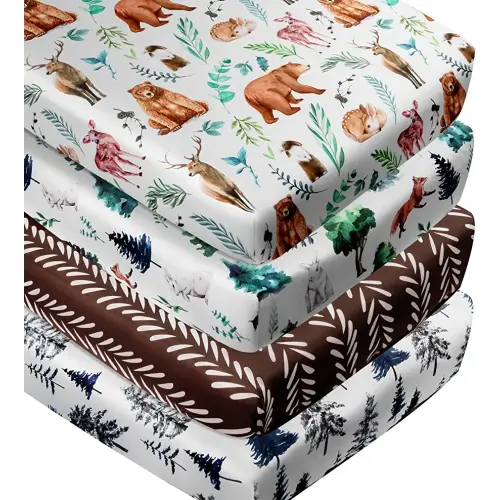 4 Pack Woodland Forest Animals Wood Neutral Unisex Fitted Baby Crib Sheets Set for Baby Boys or Girls