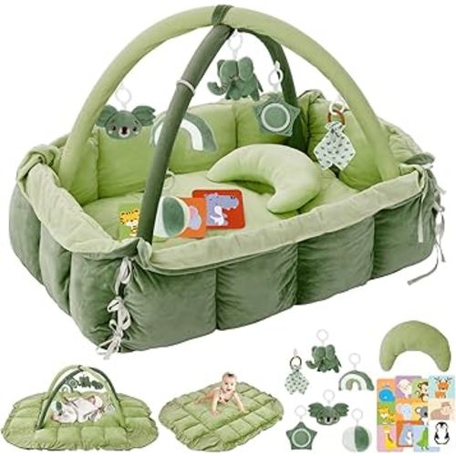 5-in-1 Plush Baby Play Gym, Baby Play Mats, Convertible Baby Gym with Pillow, Tummy time mat, Baby&Ped Bed, 6 Sensory Toys, Baby Activity Center from Newborn to Toddler, Cat&Dog Bed, Ball Pit, Green