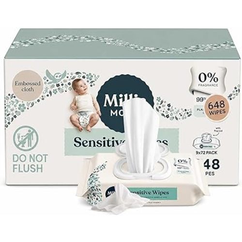 Millie-Moon Sensitive Baby Wipes, Baby Wipes for Diaper Changes, (648 Count) - (9 Packs Of 72 Wipes) - (1Box)