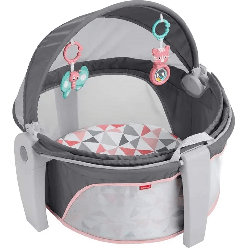 Fisher-Price Portable Bassinet On-The-Go Baby Dome, Travel Play Space with Developmental Newborn Toys & Canopy, Rosy Windmill