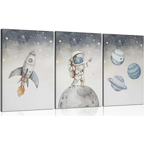 3Pcs Nursery Astronaut Canvas Wall Art Kid Space Adventure Prints Rocket Spaceman Pictures Wall Decor Explore Dream Galaxy Posters Painting for Boys child Bedroom Living Framed