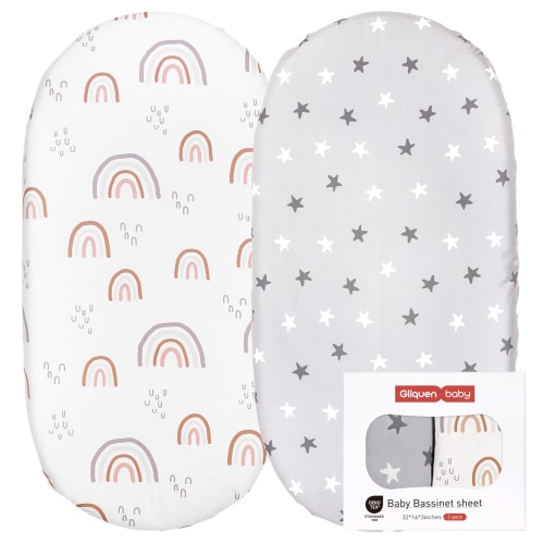 Gllquen Baby Gray and White Bassinet Fitted Sheet Set, 2 Pack, for Newborn Infant Girls or Boys Nursery Bedding Mattresses Cover, Twinkle and Rainbows - Shop Black Friday Deals for 2024!