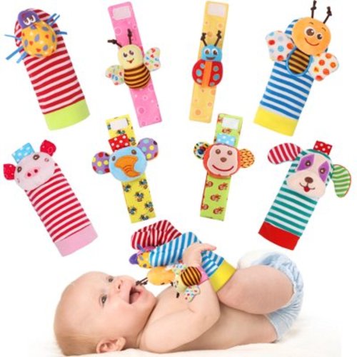 BLOOBLOOMAX Soft Baby Toys, Wrist Rattles Foot Finder Rattle Sock Baby Toddlor Toy, Rattle Toy for 0 1 2 3 Years Old Baby Boys or Girls(8 PCS-A)
