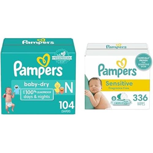 Pampers Baby Dry Diapers Size 0/Newborn 104 Count + Pampers Baby Wipes Sensitive Perfume Free 6X Pop-Top Packs 336 Count