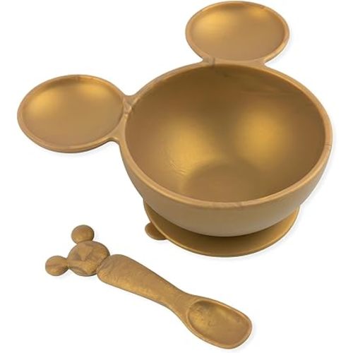 Bumkins Disney Baby Bowl, Silicone Feeding Set with Suction for Baby and Toddler, Includes Spoon, First Feeding Set, Essentials for Baby Led Weaning for Babies Eating 4 Months Up, Minnie Mouse Gold