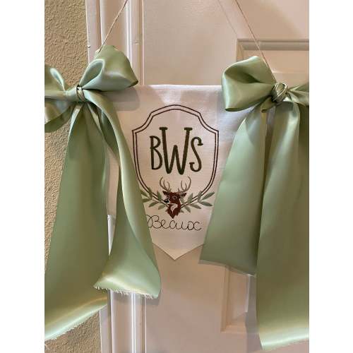 Embroidered deer baby banner, featuring a buck; welcoming baby, hospital door, nursery decor