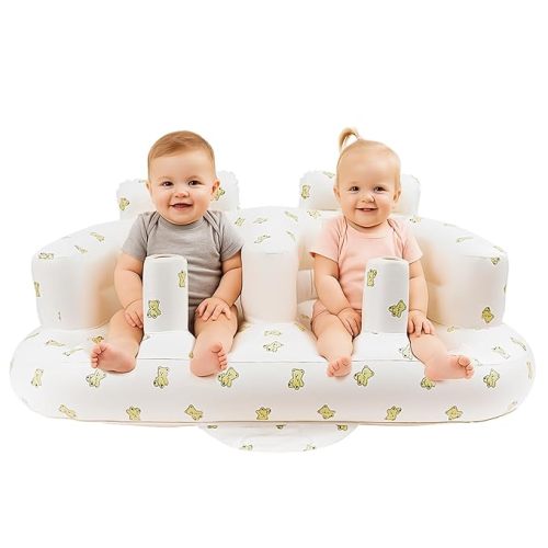 Baby Inflatable Seat for Twins Babies 3 Month and Up, Side-by-Side Double Inflatable Floor Chair for Sitting Up with Built in Air Pump, Blow Up Baby Chair for Infants - Twins Bear