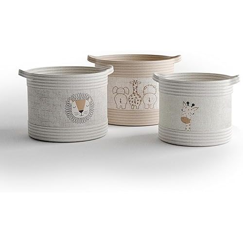 Decorative Storage Baskets with Safari Animal Prints – Set of 3 Round Fabric Rope and Linen Organizer Bins for Nursery or Playroom, Multi-Sized with Easy-Carry Handles, Ivory, Tan, and Linen